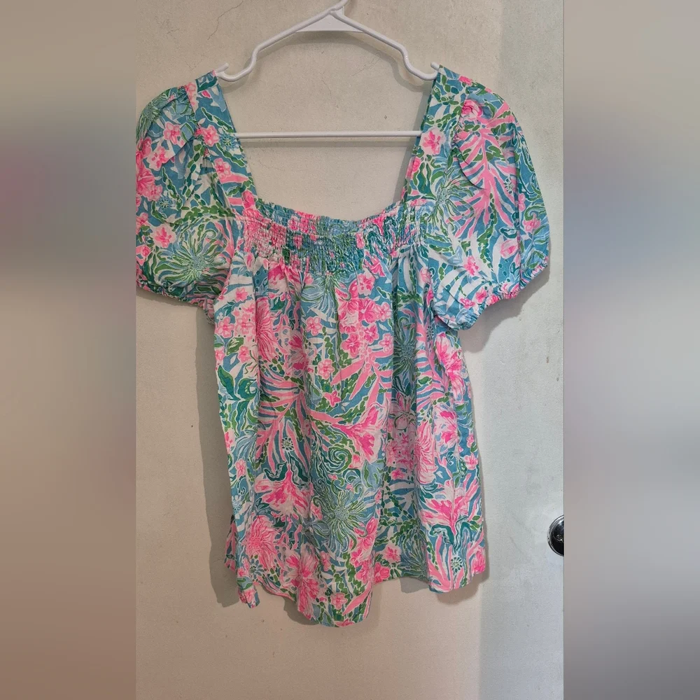 Lilly Pulitzer Keating Linen Pink & Aqua  Puff-Sleeve Square Neck Top SZ.1O - Picture 4 of 10